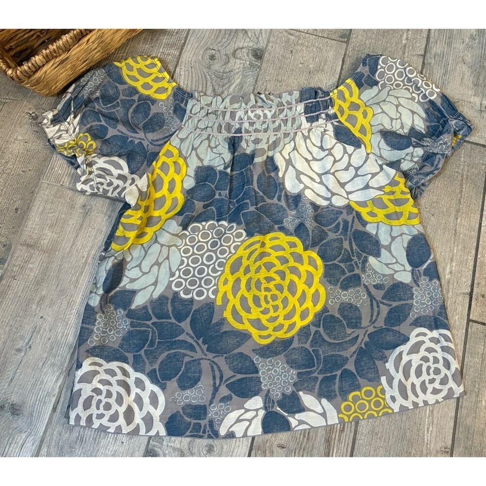 DKNY Off The Shoulder Floral Blouse XL Blue Yellow Boho Smocked Top - Picture 6 of 7